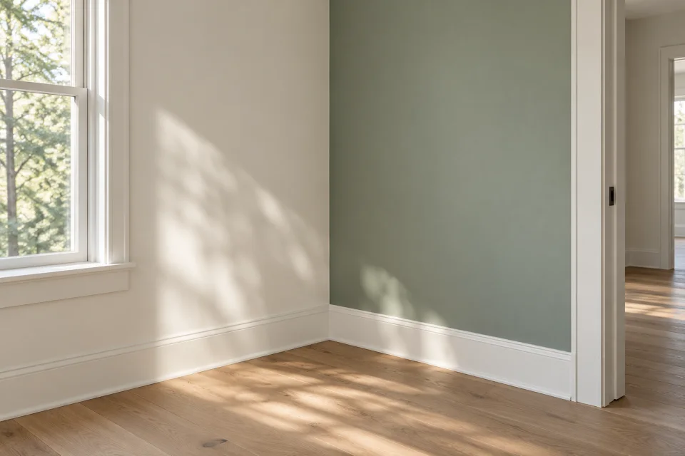 Angle de pièce montrant deux surfaces murales, une fenêtre et leurs raccords, image illustrative générée par IA.