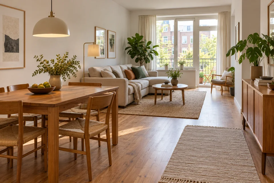 Séjour avec mobilier et circulation visible, illustrant les éléments d’organisation d’un logement à rafraîchir.