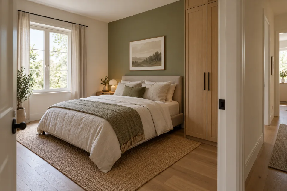 Chambre avec mobilier et ouverture sur un couloir, illustration de la priorisation des pièces et du maintien des circulations.